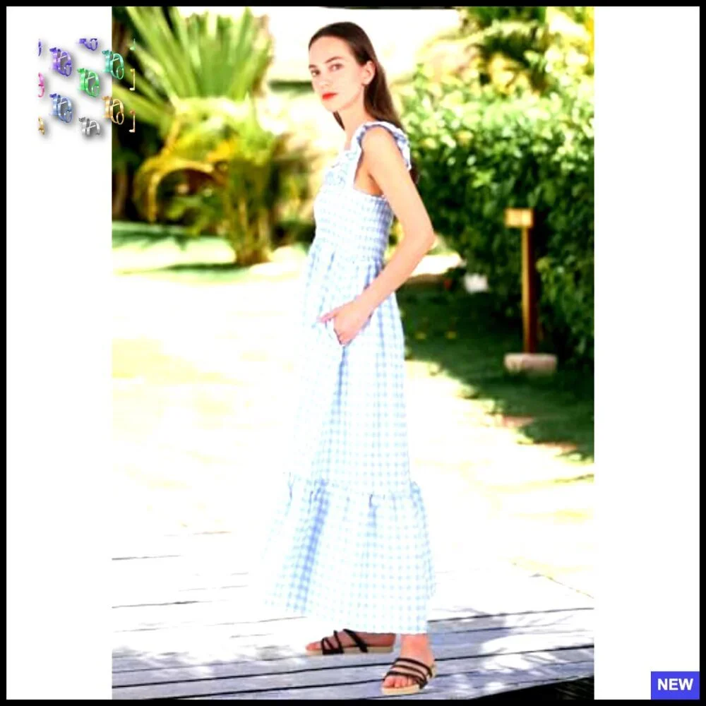 Retro Plaid Smocked Dress Spaghetti Strap Flounce Long A-Line Silhouette - Picture 3 of 7